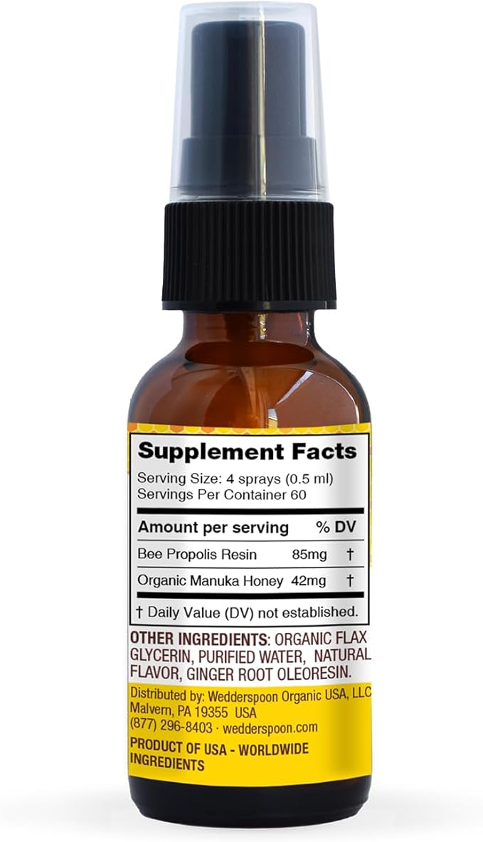 Wedderspoon Propolis and Manuka Honey Throat Spray, Lemon & Ginger, 1 Fl Oz (Pack of 1), Sore