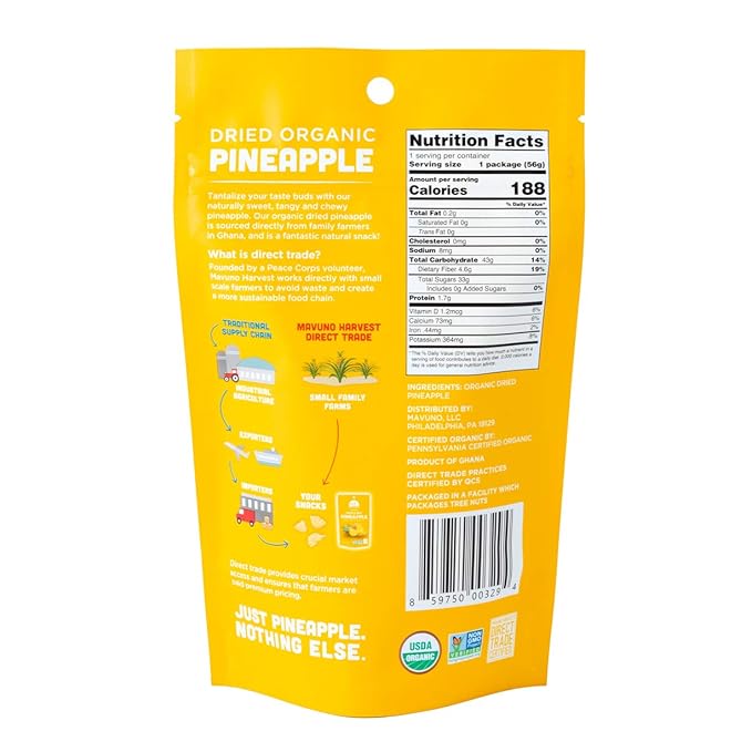 Mavuno Harvest Pineapple Dried Fruit Snacks | Organic Dried Pineapple Chunks| Gluten Free Healthy
