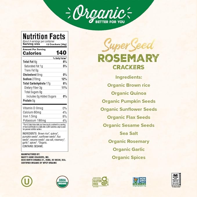 Mary's Gone Crackers Super Seed Crackers, Rosemary, 4 Ounce (Pack of 6), Organic Plant Based