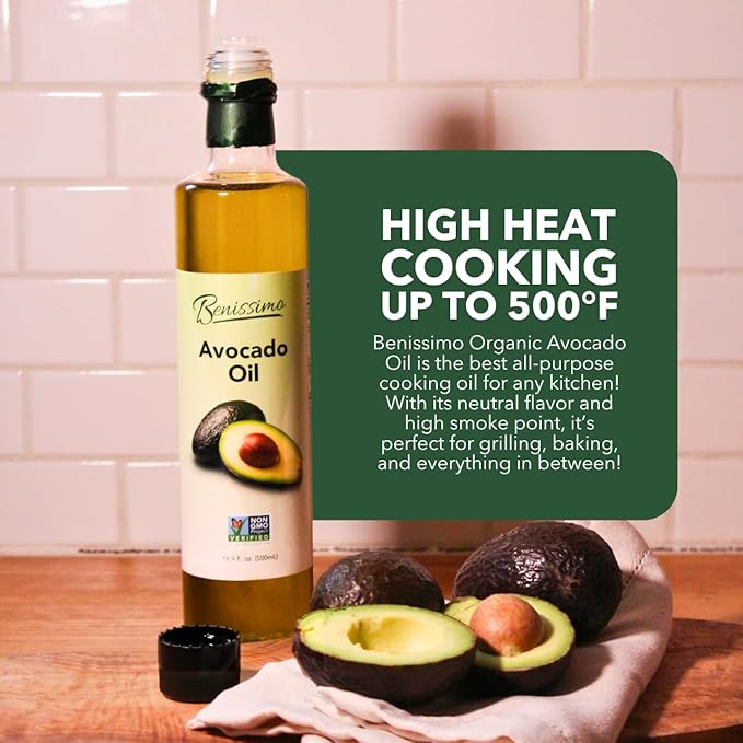100% Pure Avocado Oil in Glass Bottle, Allergen-Free and Non-GMO, Premium Cold-Pressed Cooking Oil