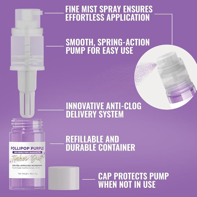 Bakell - Pollipop Purple Tinker Dust (4g, 1x Mini Spray Pump) Edible Glitter for Food, Desserts