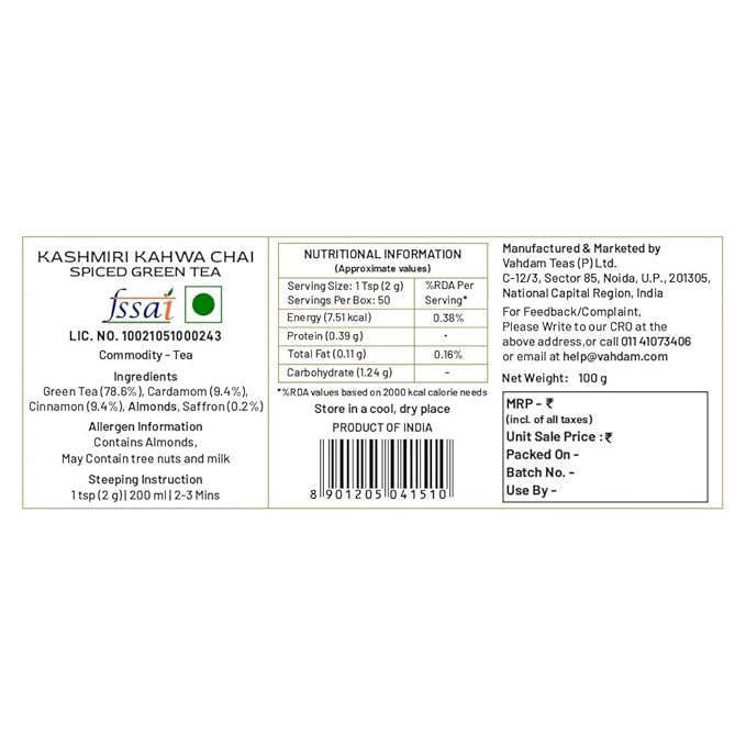 VAHDAM, Kashmiri Kahwa Tea (50 Cups/3.53oz) | Green Tea, Cinnamon, Cardamom, Almond & Saffron |