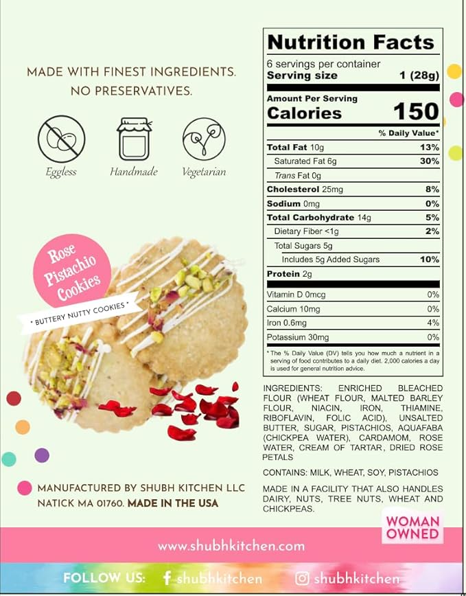 Rose Pistachio Cookies- Gourmet Indian Cookies, 100% Egg-Free & Vegetarian, Handmade with Real