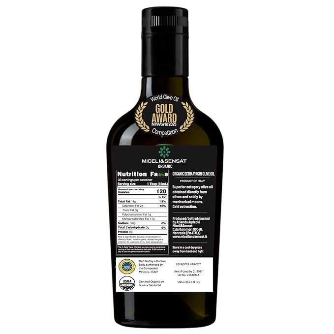 Green Robust Organic 500+ mg/kg Polyphenols Rich Italian Extra Virgin Olive Oil from Italy, 2025