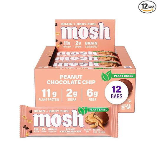 MOSH Peanut Chocolate Chip Vegan Protein Bars, Plant Based, Keto, Gluten Free, Brain Healthy Snack