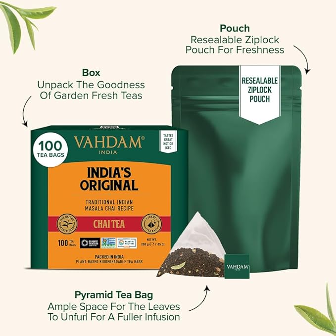 VAHDAM, India's Original Masala Chai Tea Bags (100 Count) No Added Flavoring | Blended w/Exotic
