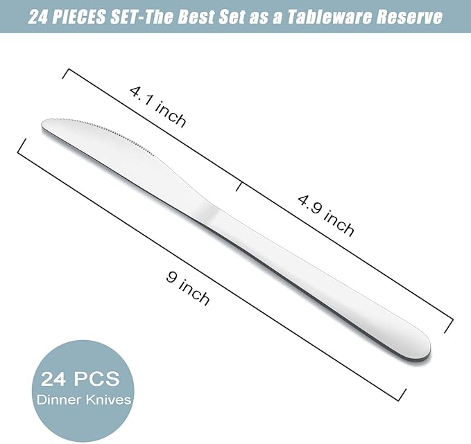 24 Pieces Knives Set - 9 Inches Dinner Knives, Butter Knife, Food Grade Stainless Steel Table Knife