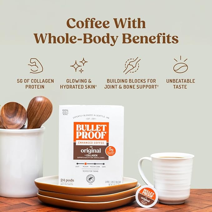Bulletproof Coffee + Collagen Single-Serve Coffee Pods, 24 Count, Clean Coffee Tested for Toxins