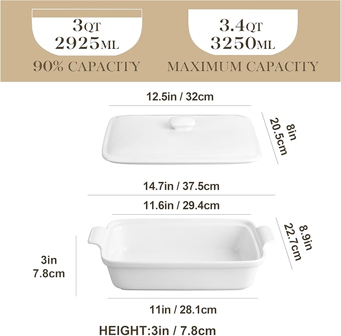 MALACASA 3.4 Quart Baking Dish With Lid, Porcelain Casserole dish with Lid, 13 x 9 Lasagna Pan Deep