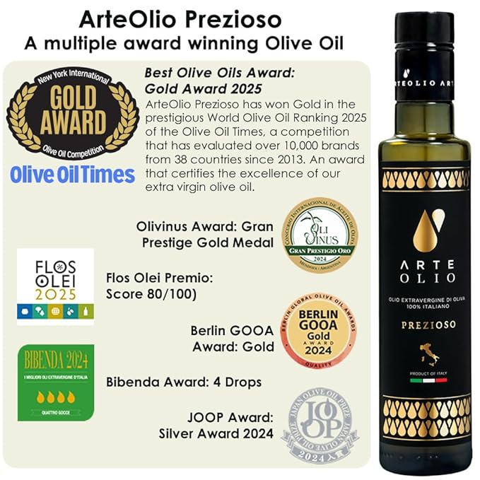 ArteOlio Prezioso Olive Oil: 100% Extra virgin cold pressed olive oil directly from Italy made in
