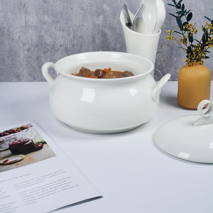 Ceramic Serving Soup Tureen Bowls with Lid and soup spoon, 2.4 QT White French Serving Tureen