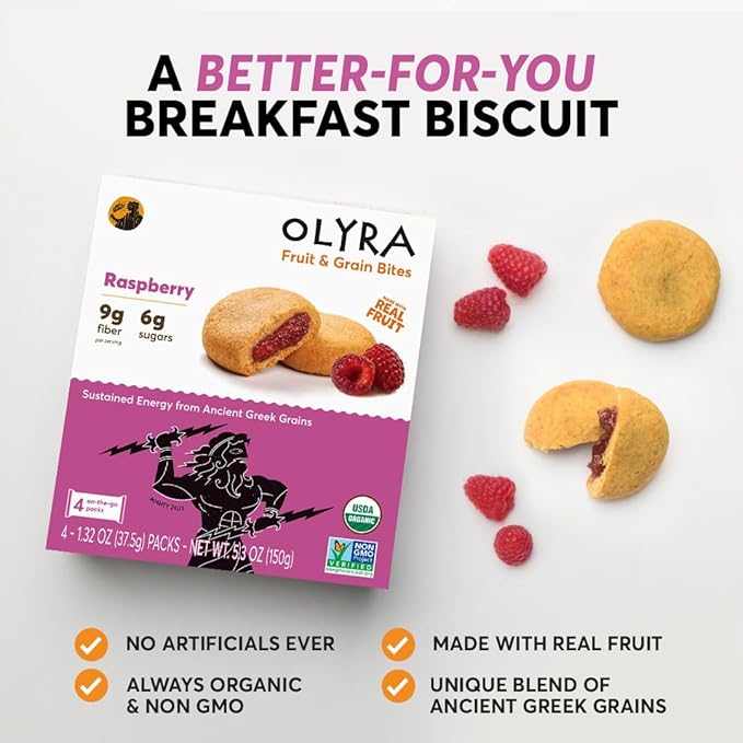 Olyra Raspberry Organic Fruit Snacks, Healthy Snacks for Adults and Kids, High Fiber Cookies, Low