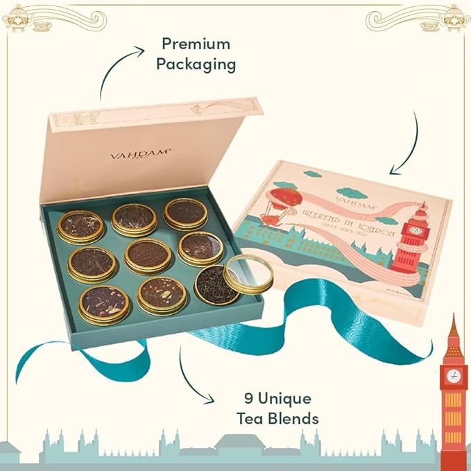 VAHDAM Weekend in London Tea Gift Set – Travel Edition Gift Box | 9 Varieties of Chai & Black Tea |
