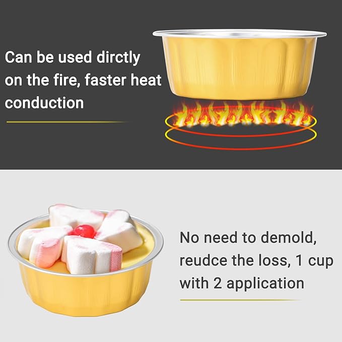 Beasea Disposable Ramekins with Lids, 8 oz 50 Pack Golden Aluminum Foil Cups Disposable Creme