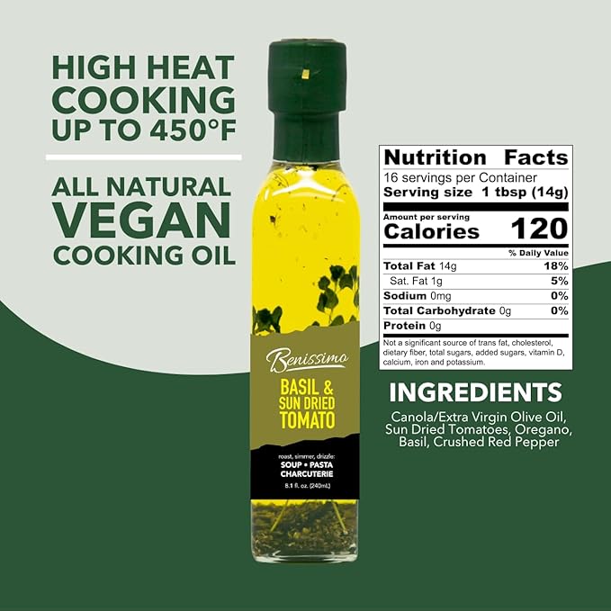Benissimo Basil and Sun Dried Tomato Herb Infused Oil, All Natural Gourmet Cooking Oil with