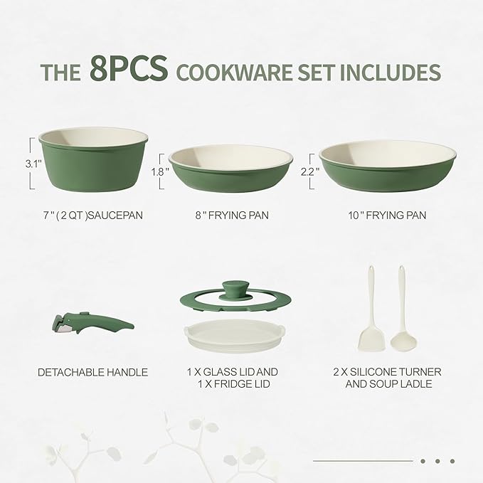 8PCS Ceramic Cookware,Nonstick Ceramic Pan, Removable Handle Pots and Pans Set, Stackable Set