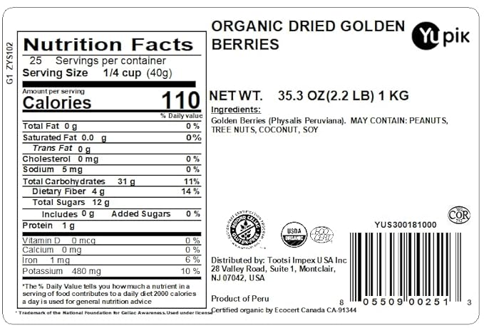 Yupik Organic Dried Golden Inca Berries, 2.2 lb (35.2 oz), Dried Fruit, Gluten-free, Vegan, Kosher