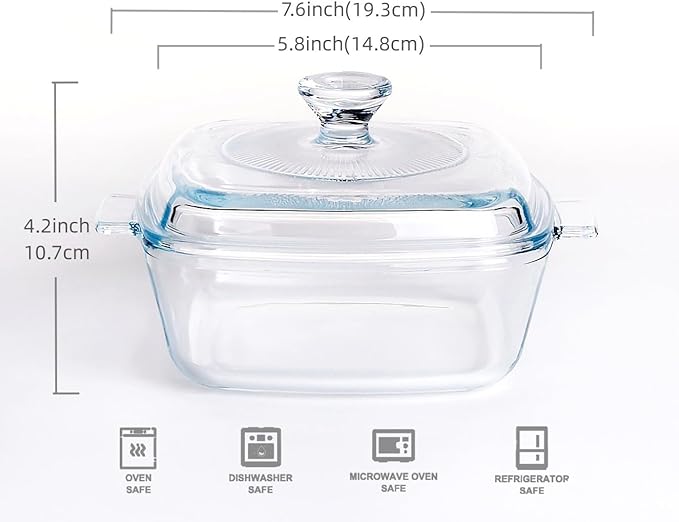 Clear Square Glass Casserole With Lid, Baking Dish With Cover, for Oven, Freezer and Dishwasher