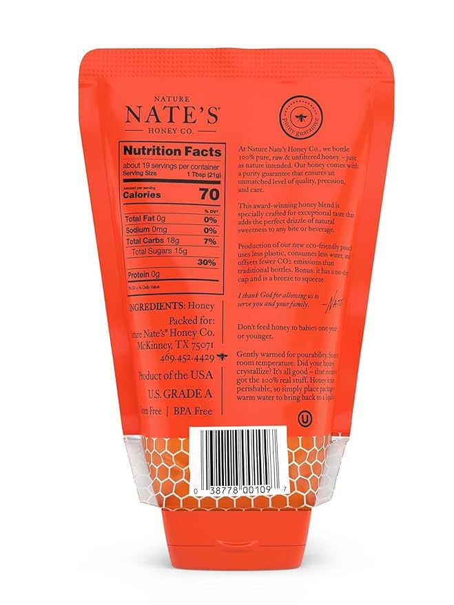 Nate's 100% Pure, Raw & Unfiltered Honey, No-Drip Sustainable Squeeze Pouch; Purity Guarantee, No
