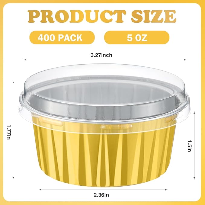 Gejoy 400 Pcs Aluminum Foil Baking Cups with Lids 5 oz Disposable Ramekins Mini Cake Pans Creme