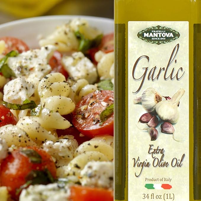 Mantova Garlic Extra Virgin Olive Oil (EVOO), Cold-Pressed and Imported from Italy 34 oz Glass