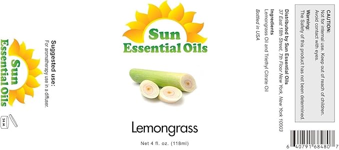 Sun Essential Oils - Lemongrass Essential Oil 4 oz with Dropper for Diffuser, Hair & Skincare
