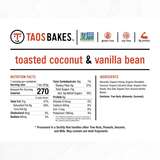 Taos Bakes Snack Bars - Toasted Coconut + Vanilla Bean - Gluten-Free, Non-GMO Granola Bars