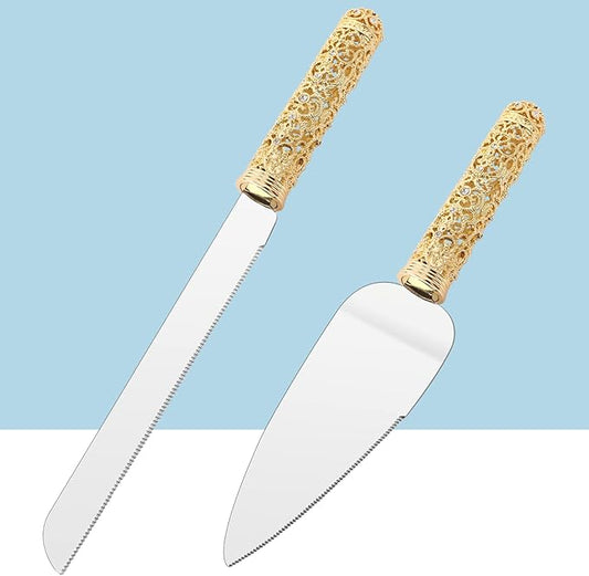 Gold Cake Knife and Server Set - 2 Piece Dessert Set Metal Handle with Crystal Stones Decoration