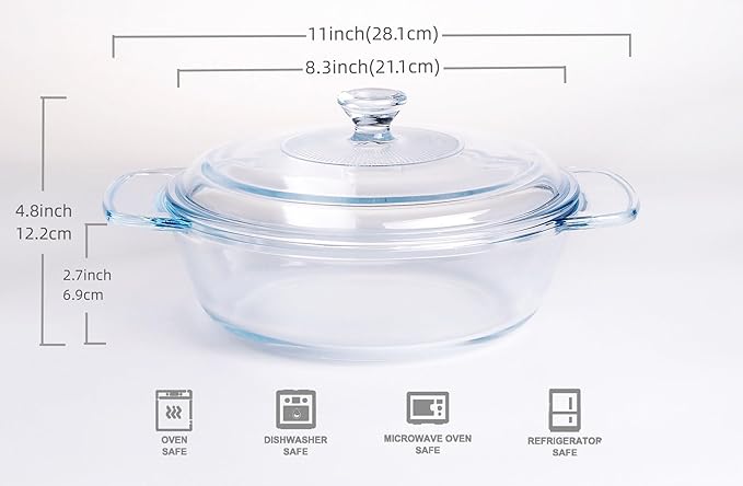 Clear Round Glass Casserole with Lid, Baking Dish with Glass Cover, Glass Casserole for Oven