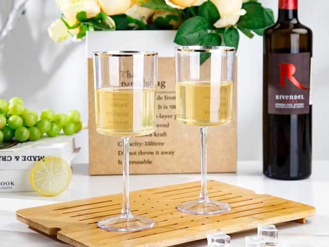 Ciaell 12 Pack Plastic Wine Glasses - 10 Oz Plastic Wine Glasses with Stem - Gold Rim Disposable