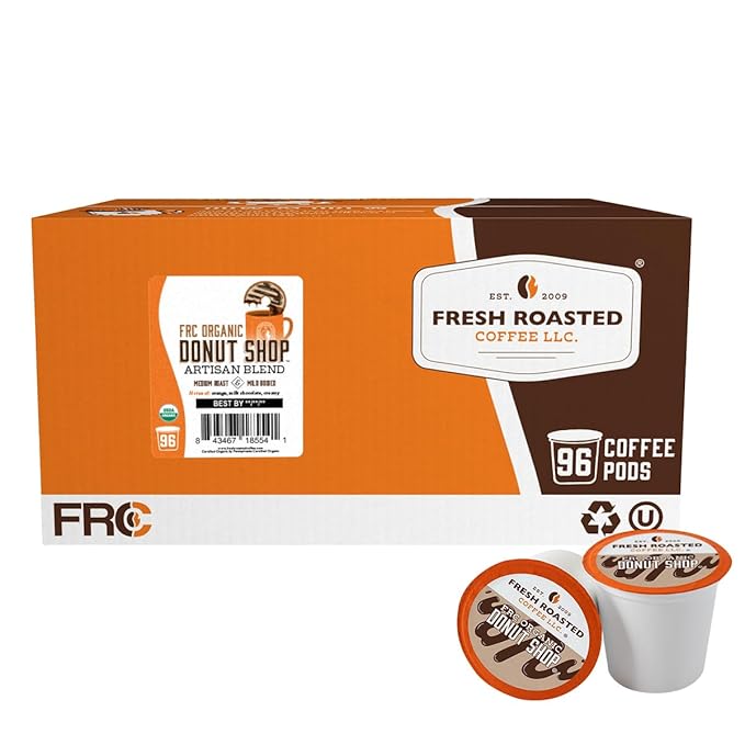 Fresh Roasted Coffee, Organic Donut Shop | USDA Organic, Kosher | Medium Roast 96 Pods for K Cup