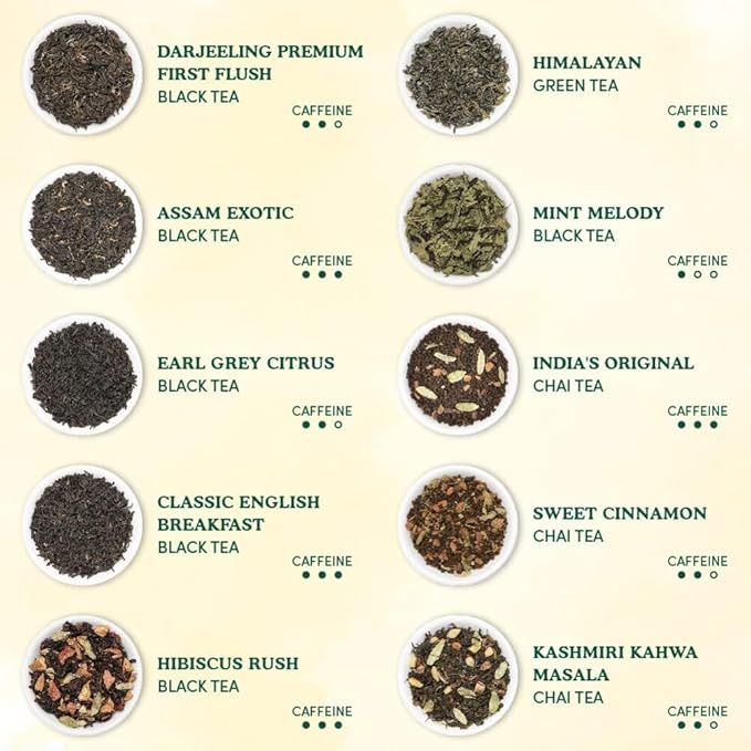 VAHDAM, World Top 20 Tea Sampler - Black, Green, Chai, Herbal & More | Assorted Loose Leaf Gift Set