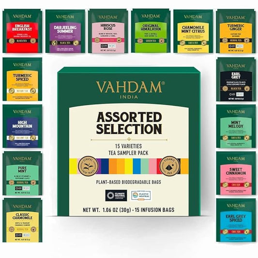 VAHDAM, Assorted Tea Sampler (15 Different Variety in Individually Wrapped Pyramid Tea Bags) Long