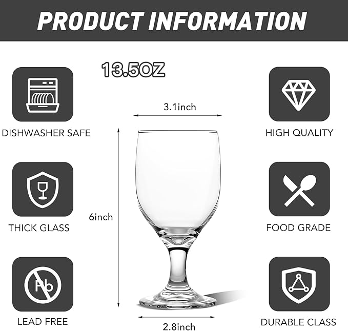 10.5OZ Water Goblets Set of 6, Clear Goblet Glasses Set for Home Bar, Wedding, Party, Elegant