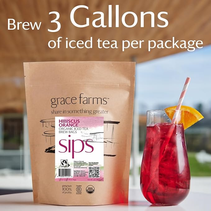 Grace Farms HIBISCUS ORANGE ORGANIC ICED TEA (Twelve 1qt. Brew Bags, 3 Gallons) | Refreshing, Tart