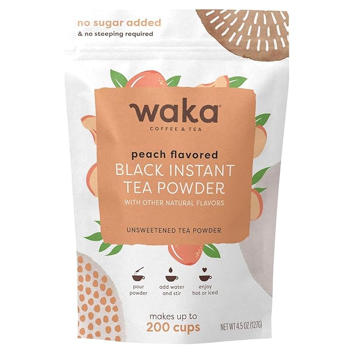 Waka Instant Black Tea Mix, Peach Flavored - 100% Tea Leaves, No Additives, Unsweetened Tea Powder