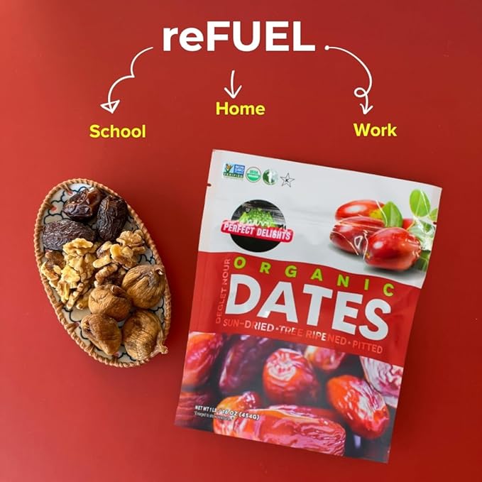 Perfect Delights Organic Dates, Vegan, Sun-Dried Pitted Dates, Healthy Fruit Snack for Kids and