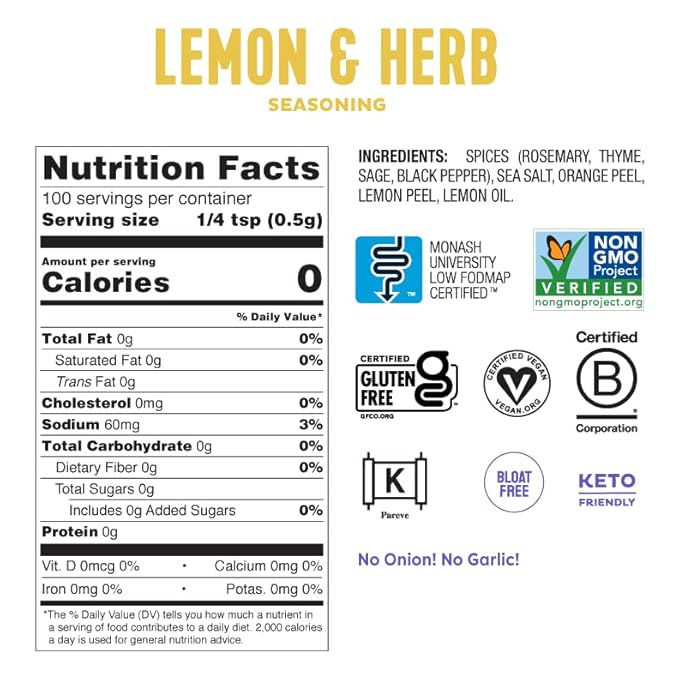 Fody Foods Lemon Herb Seasoning, 1.8 Oz, Garlic and Onion Free, Low FODMAP Certified, Gut & IBS