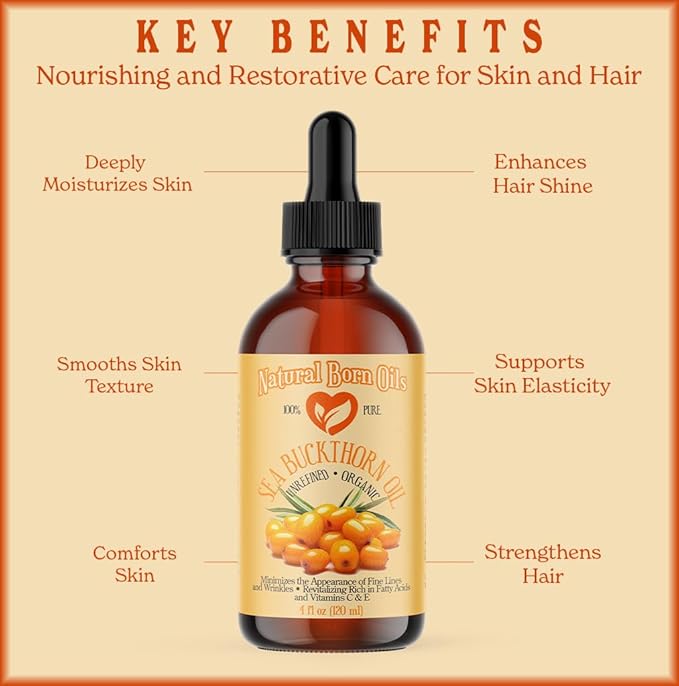 Natural Born Oils Sea Buckthorn Oil, 8oz, Organic, Cold-Pressed, Rich in Fatty Acids, Ideal for