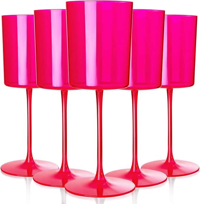 Ciaell 12 Pack Plastic Wine Glasses - 14Oz Hot Pink Plastic Wine Glasses With Stem - Disposable