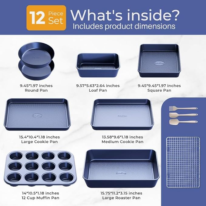 12-Piece Oven Safe Nonstick Bakeware Set with Baking Pan, Cake Pan, Muffin Pan, Loaf Pan, Square