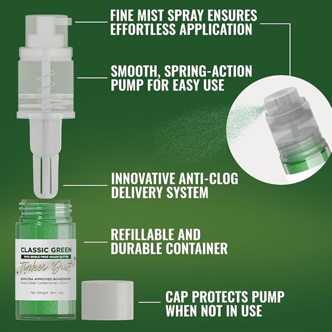 Bakell - Classic Green Tinker Dust (4g, 1x Mini Spray Pump) Edible Glitter for Food, Desserts, and