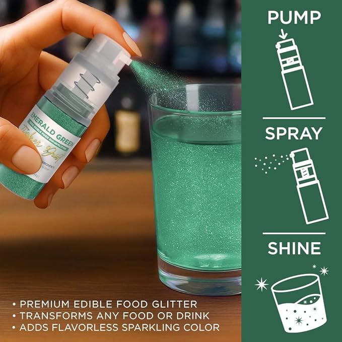 Bakell - Emerald Green Tinker Dust (4g, 1x Mini Spray Pump) Edible Glitter for Food, Desserts, and
