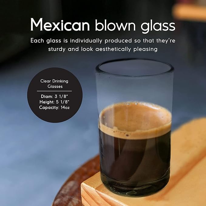 Clear 14 oz Drinking Glasses (set of 6), Hand Blown Mexican Glassware, Recycled Glass Drinking