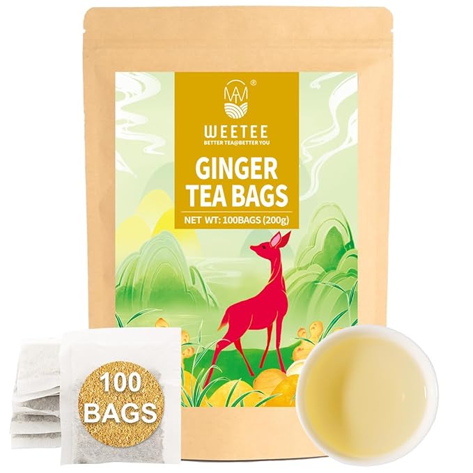 WT WEETEE Ginger Tea Bags, 100 Count Pure Ginger Root Tea, Warm & Spicy, Natural Caffeine Free