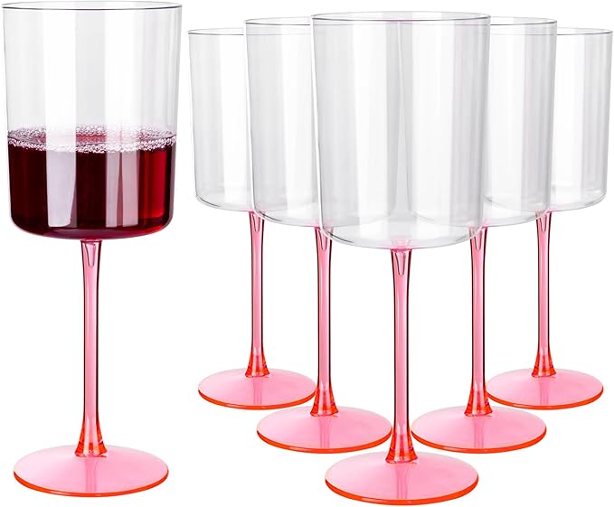 Ciaell 12 Pack 10 Oz Clear Plastic Wine Glasses with Pink Stem - Disposable Cocktail Goblets