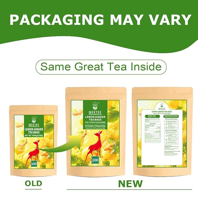 WT WEETEE Lemon & Ginger Herbal Tea, 100% Natural Ingredients, Made With Lemongrass, 100 Count