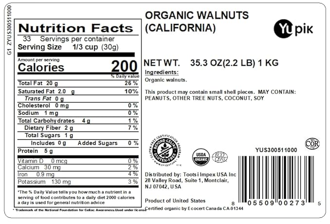 Yupik Organic Raw California Walnuts, Halves, 2.2 lb (35.2 oz), Kosher, Gluten-Free, Non-GMO