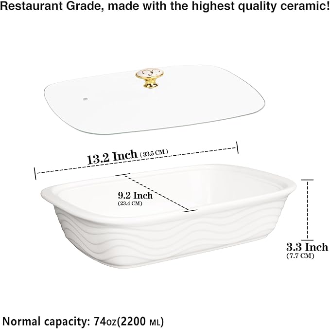 12" x 8" Ceramic Casserole Baking Dish With Glass cover, Lasagna Pan Deep for Oven, 2.2 Quarts