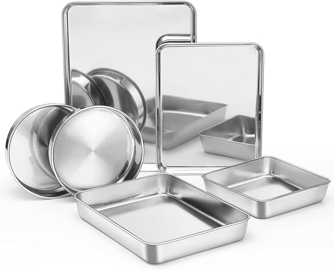 E-far Stainless Steel Baking Pan Set, 6-Piece Metal Bakeware Sets Include Cookie Sheet, Round